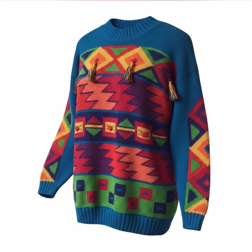 NWT Vintage 90s Memphis Jones Colorful Geometric Sweater Size S Tassel Knit
